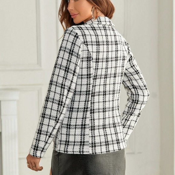 Plaid Pattern Lapel Neck Tweed Blazer - Picture 2 of 5